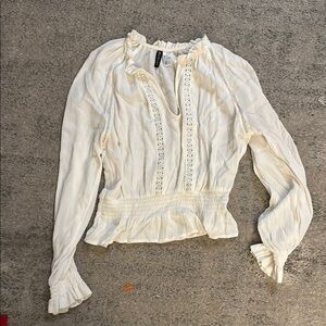 Divided Cream Blouse with Ruffled Bib Collar